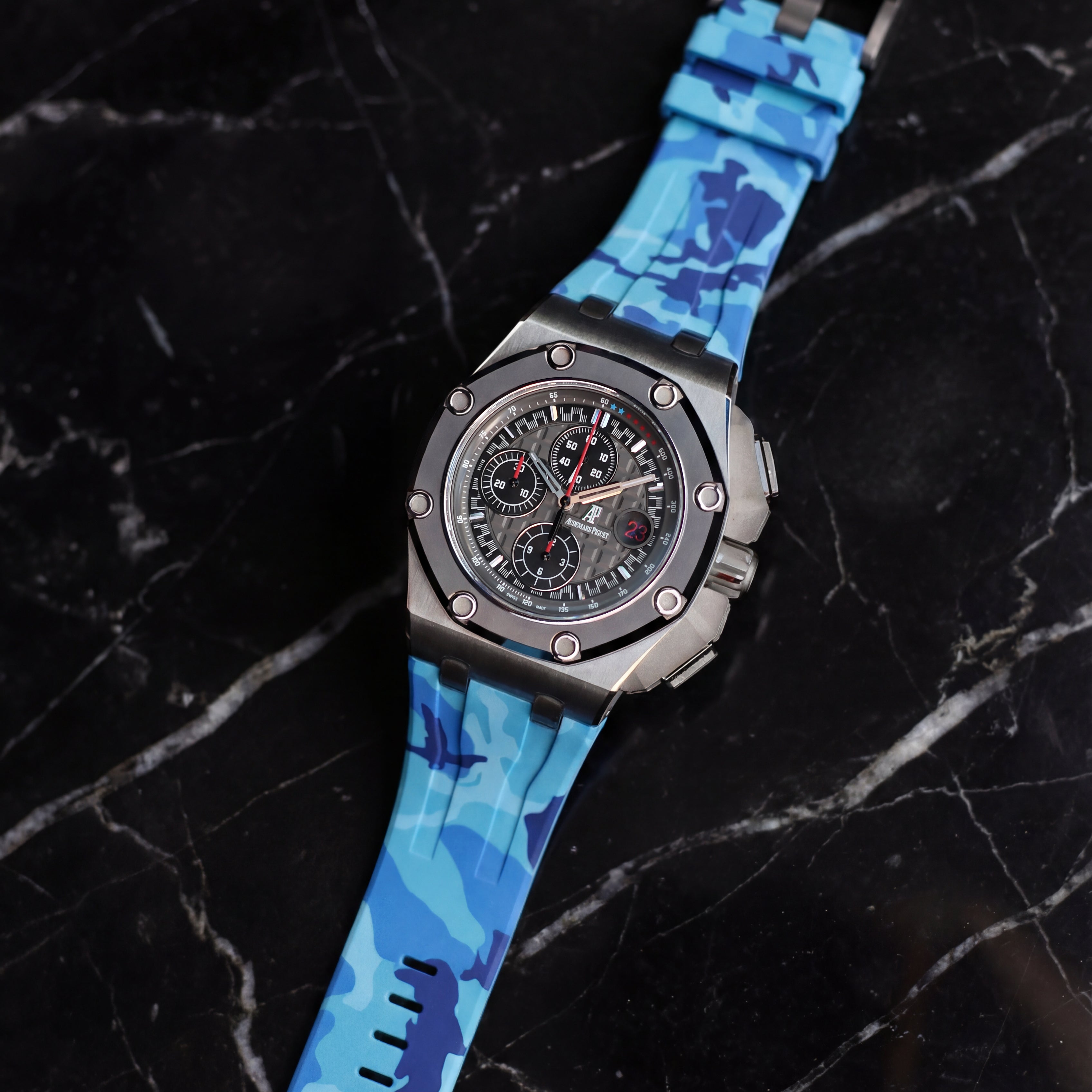 Audemars Piguet Royal Oak Offshore 44mm on Miami Blue Camo Rubber Horus Strap