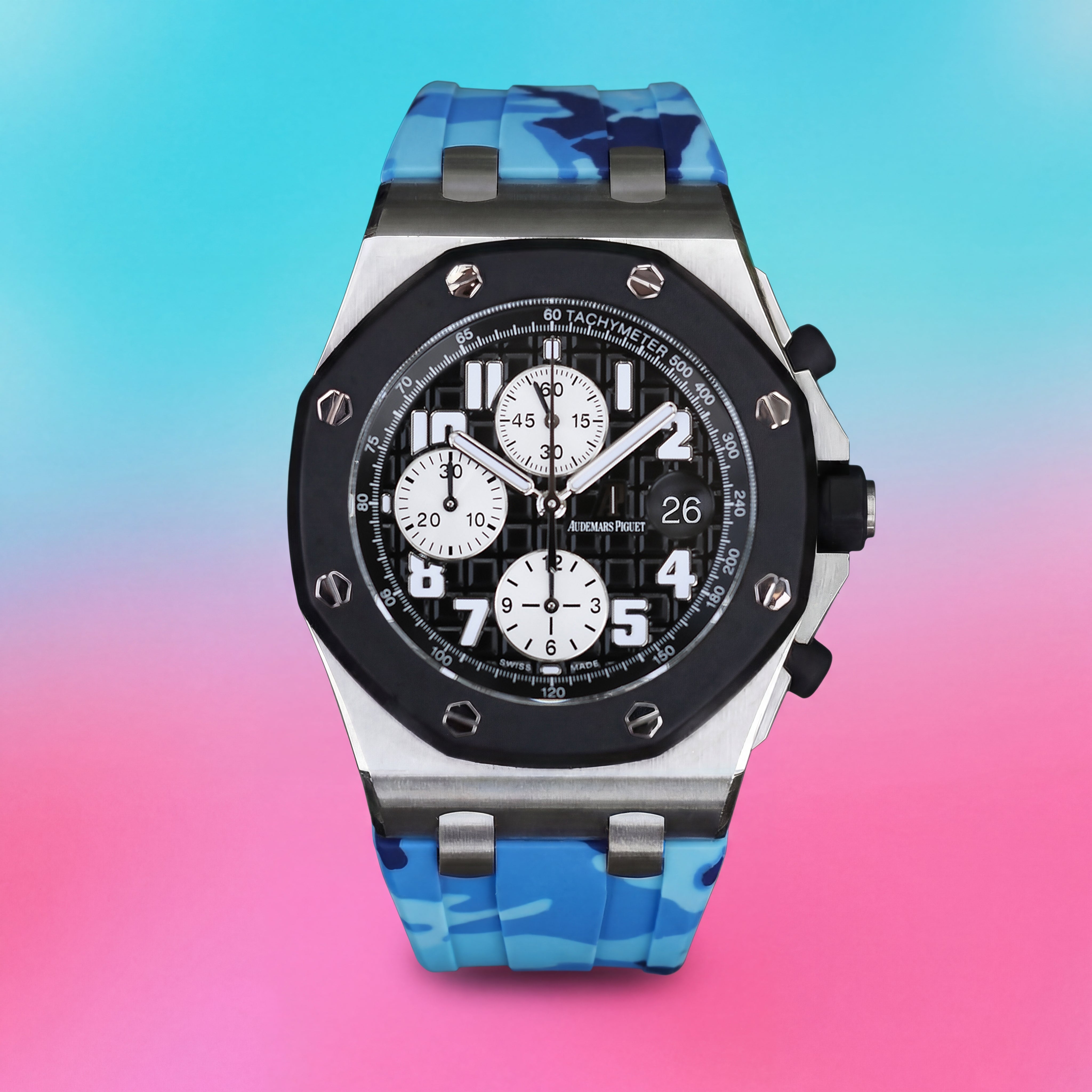 Rubber Strap for Audemars Piguet 42mm Royal Oak Offshore (Deployant Clasp) - Miami Blue Camo