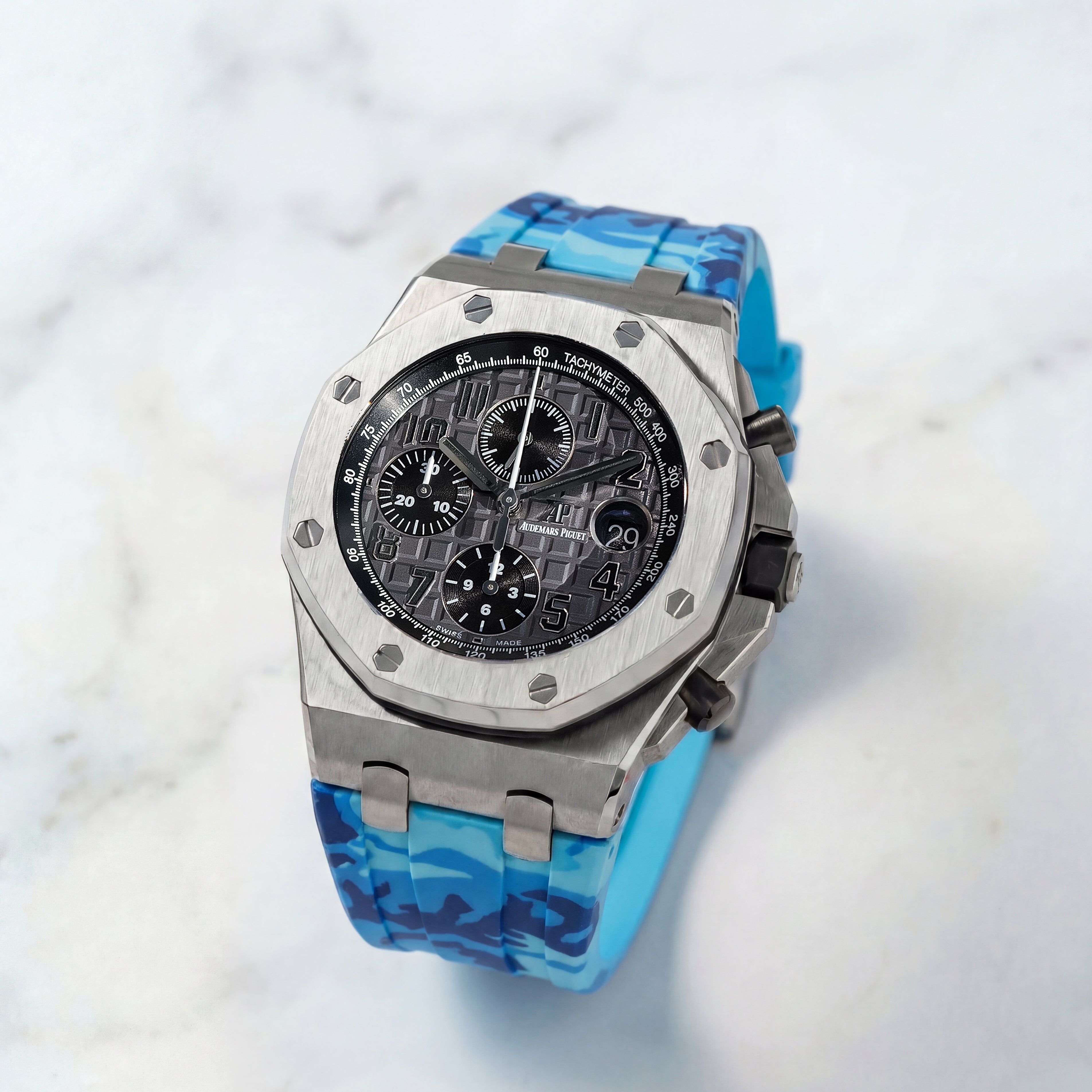 Audemars Piguet Royal Oak Offshore 42mm on Miami Blue Camo Rubber Horus Strap with Tang Buckle
