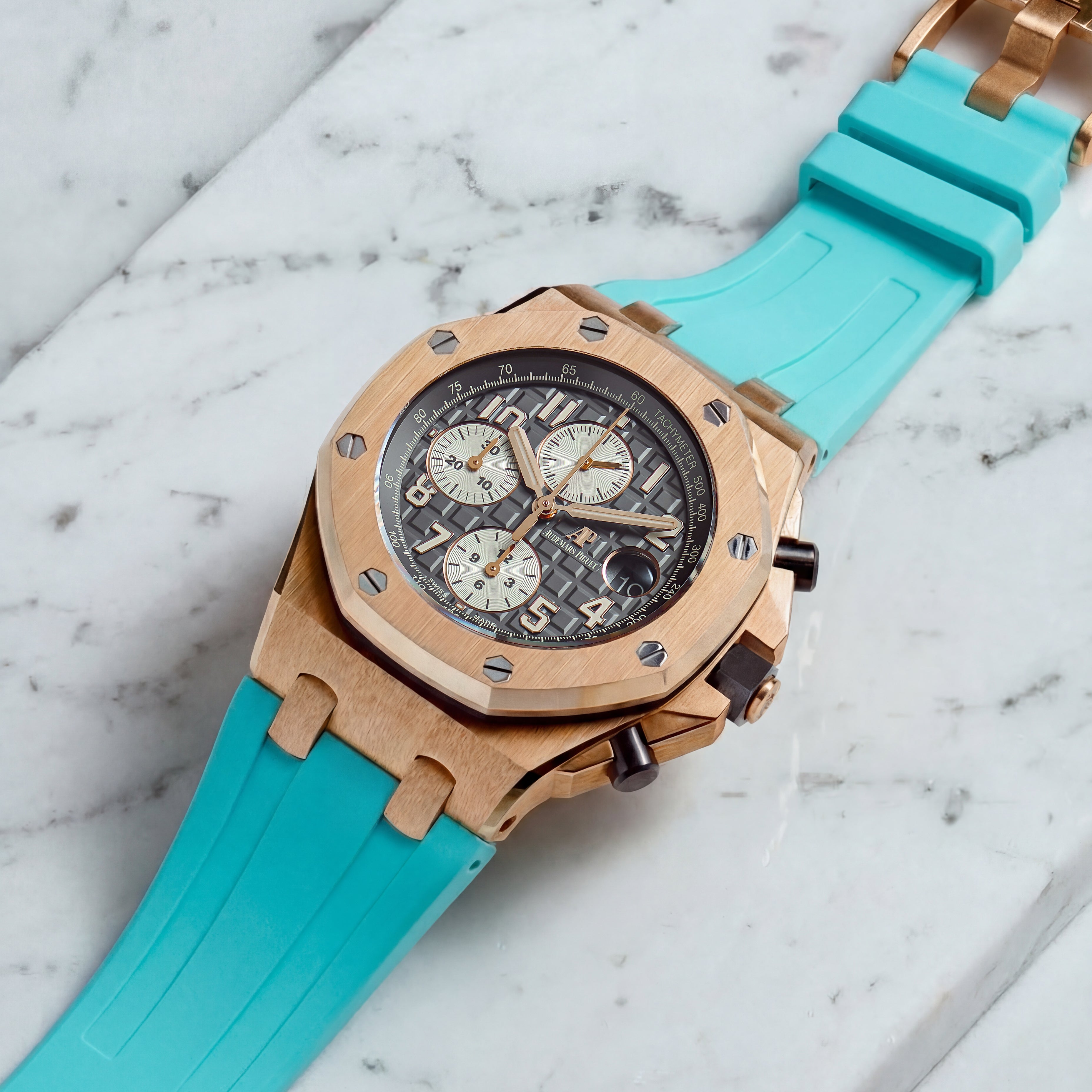 Audemars Piguet Royal Oak Offshore 42mm on Seafoam Blue Rubber Horus Strap with Tang Buckle