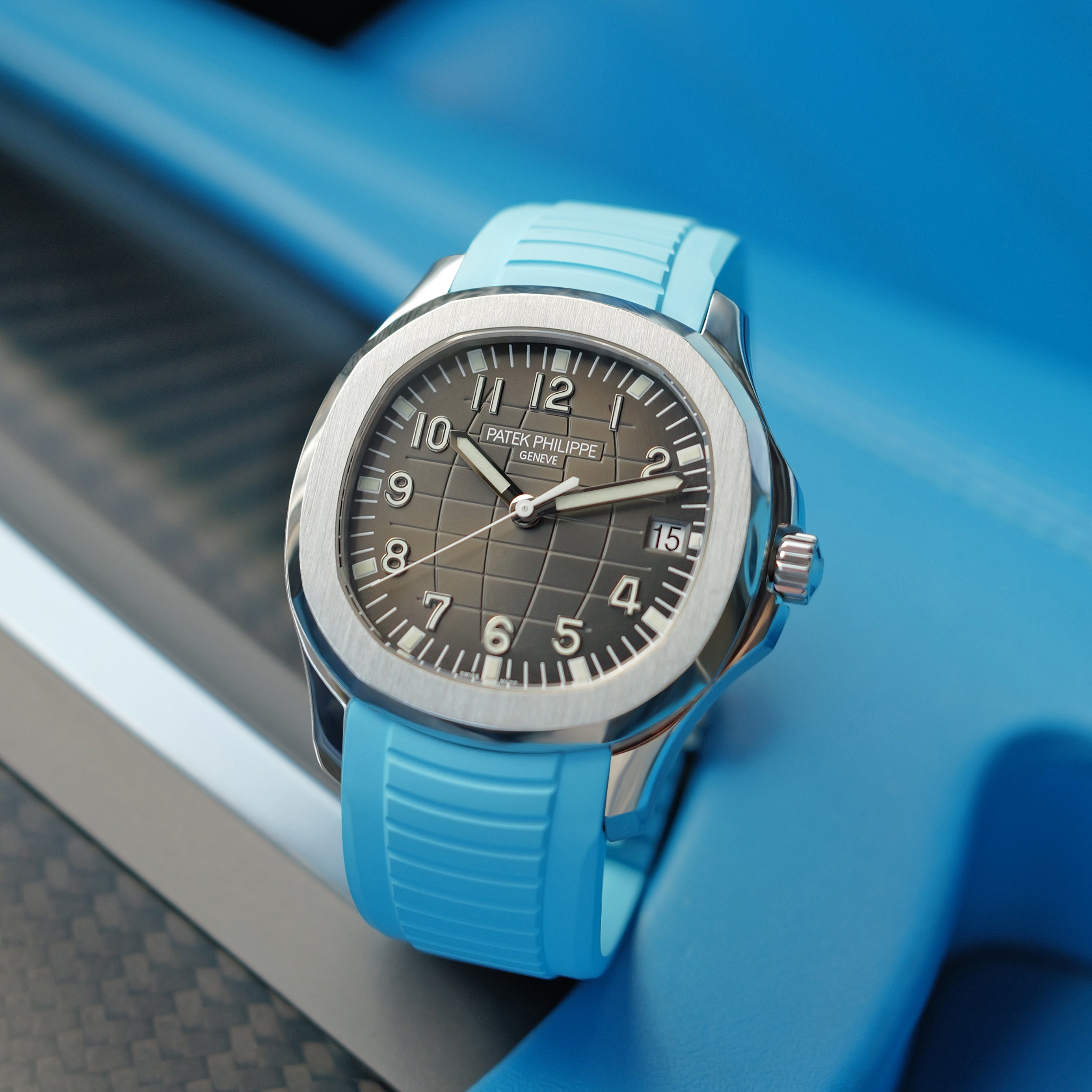 Patek Philippe Aquanaut 5167A on Miami Blue Rubber Horus Strap